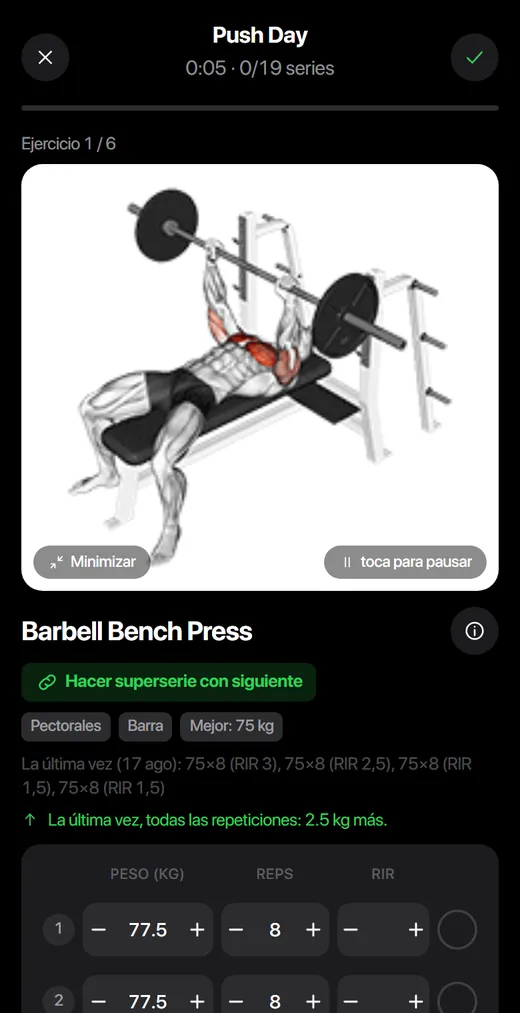 Entrenamiento guiado en GymGo con la animación del ejercicio y los pesos ya sugeridos