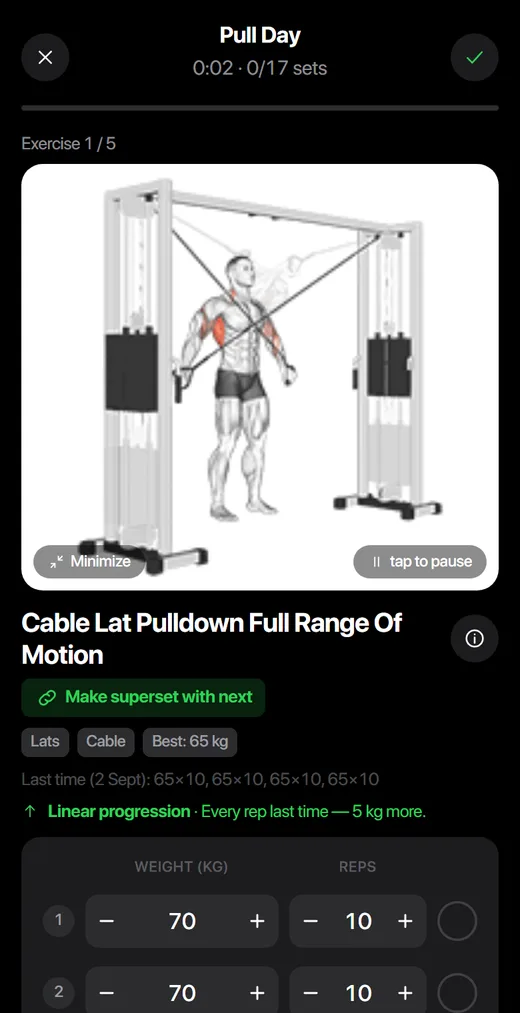 Guided workout in GymGo with the exercise animation and the weights already suggested